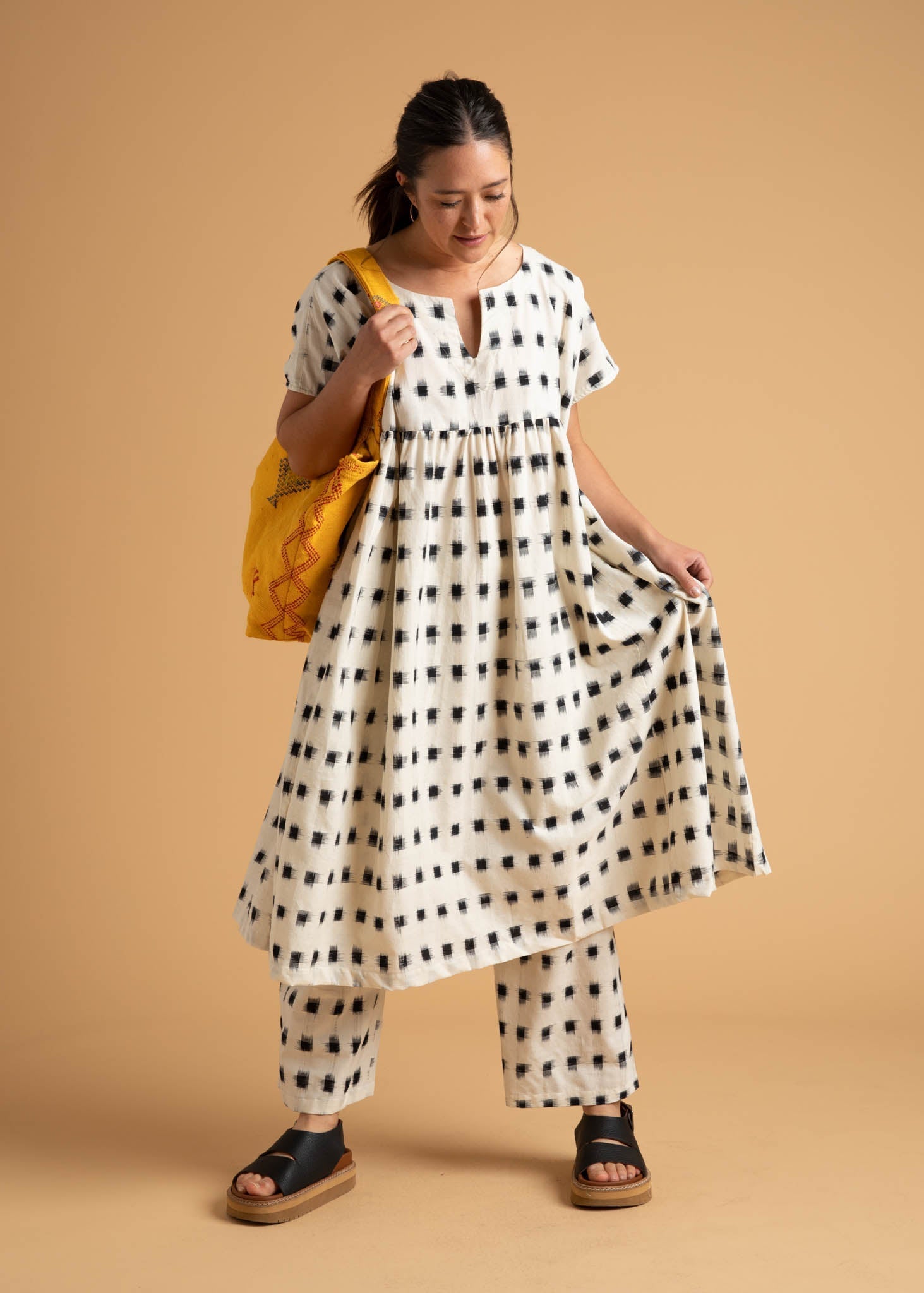 Meadow Dress - Ikat Squares Natural Black