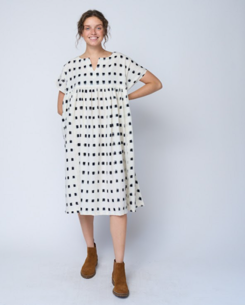 Meadow Dress - Ikat Squares Natural Black