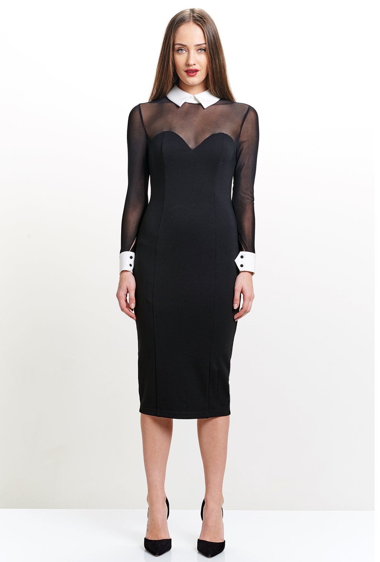 Tuxedo Illusion Sheath Dress - Black & white midi dress with mesh